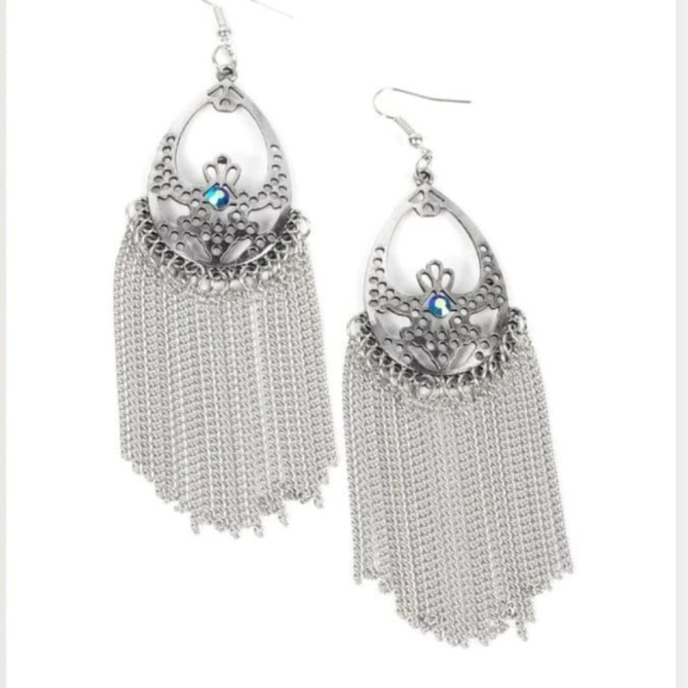 Castle Cottage Paparazzi Silver Fringe Drop Earrings with Blue Stone